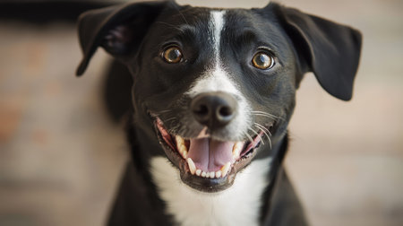 A cheerful black and white dog with a big smile showcases pure joy and friendliness, perfect for representing happiness and companionship in photography.の素材