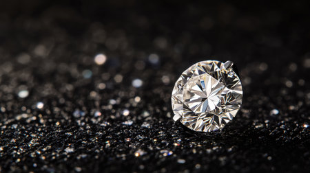 A stunning close-up of a brilliant-cut diamond, showcasing its sparkling facets against a glittering black background. Perfect for luxury-themed projects.の素材