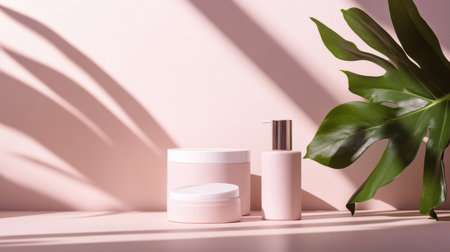 Beautifully styled skincare products showcased with a green leaf against a soft pink background. Ideal for beauty, health, and wellness themes.の素材