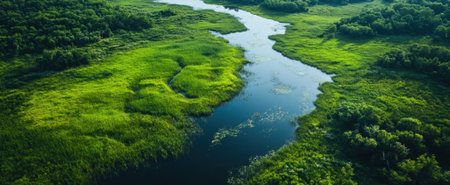 A breathtaking aerial view showcasing a vibrant river winding through lush wetlands. The scene captures the essence of natural beauty and serene landscapes filled with rich greenery and wildlife.の素材