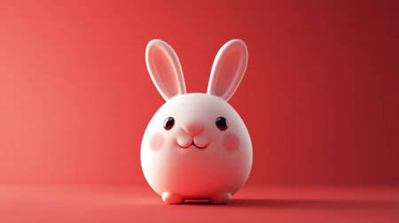 This charming cartoon bunny character features a round shape and a happy expression. Set against a vibrant red background, it evokes joy and playfulness.の素材