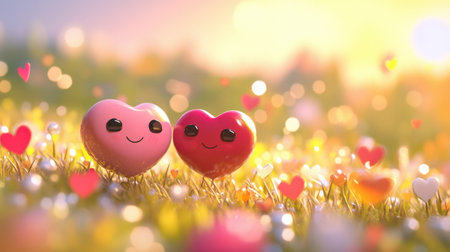 Two cute cartoon hearts with smiling faces sit together in a vibrant field filled with colorful flowers and soft bokeh, evoking feelings of love and joy.の素材