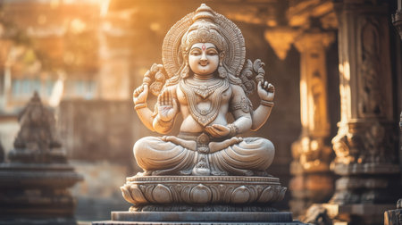 This image showcases a serene stone statue of a Hindu god, intricately carved, set in a tranquil temple surrounded by warm sunlight, evoking peace and spirituality.の素材
