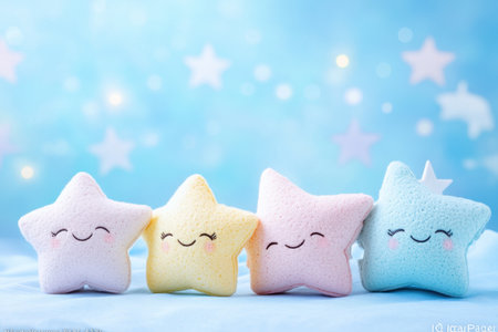 Adorable soft star plush toys in pastel colors with cheerful expressions, set against a serene blue background and bokeh lights, perfect for childrens decor.の素材