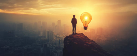 A silhouette of a man standing on a rock at sunset, holding a glowing light bulb, symbolizing inspiration and creativity over a cityscape.の素材