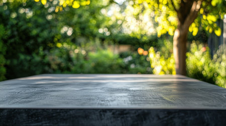 A minimal outdoor table set against a lush garden backdrop, bathed in warm light. The peaceful scene invites relaxation and contemplation in nature.の素材