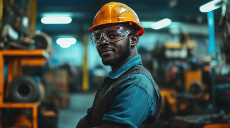 A confident male industrial worker wearing a safety helmet and glasses smiles at the camera in a factory setting. He embodies professionalism and pride in his work.の素材