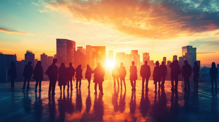 A group of people silhouetted against a stunning sunset over a vibrant city skyline, showcasing themes of unity, connection, and urban lifestyle.の素材