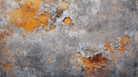 A close-up of a weathered concrete surface featuring unique orange and gray color patterns. The peeling texture showcases age and industrial charm, perfect for creative projects.の素材