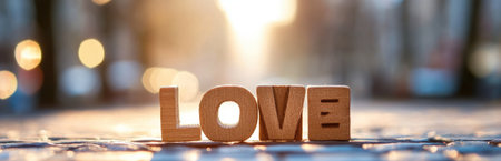 A beautiful arrangement of wooden blocks spelling "LOVE," bathed in warm sunlight with a soft bokeh effect in the background, perfect for romantic themes.の素材