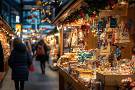 A vibrant market scene showcasing festive stalls filled with colorful treats and decorations. Soft lights create a warm atmosphere, inviting shoppers to explore.の素材