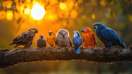 A group of vibrant birds perched on a rustic branch during a stunning sunset. The warm glow of sunlight creates a serene atmosphere, highlighting their colors.の素材