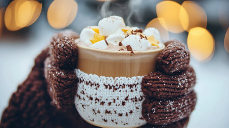 A cozy scene featuring a warm mug of hot chocolate topped with marshmallows. Captured outdoors in a winter setting, this image evokes comfort and joy.の素材
