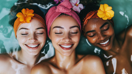 Three women enjoy a blissful spa day, smiling and relaxing in serene water adorned with vibrant flowers. A peaceful moment of joy and friendship.の素材