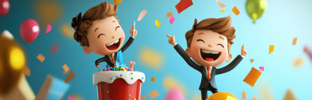 Two playful cartoon characters celebrate joyfully with colorful cake and vibrant decorations. The image radiates happiness, making it perfect for festive themes.の素材