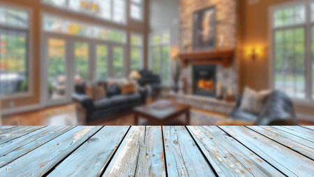 Wooden table set against a blurred minimal Scandinavian living room background, providing ample space for advertising product setups.の素材