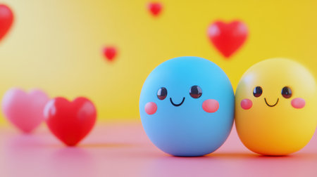 This vibrant image features two cute smiling balls in blue and yellow, surrounded by floating hearts, perfect for conveying joy and love in cheerful designs.の素材