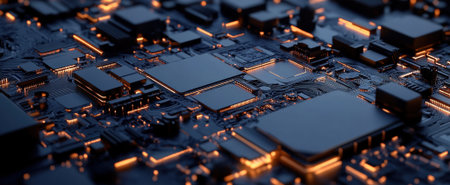 A detailed and abstract background showcasing a glowing circuit board. This image highlights intricate electronic components, perfect for technology-themed projects and designs.の素材