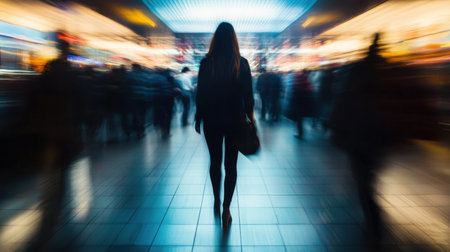 A striking silhouette of a woman walking through a vibrant city street. The blurred background captures the energy of urban life, creating an intriguing atmosphere.の素材