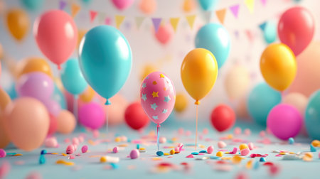 A vibrant party scene featuring colorful balloons, cheerful confetti, and festive decorations. Perfect for celebrating special occasions or joyful gatherings.の素材