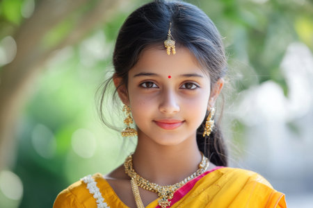A charming young girl wearing traditional clothing and beautiful jewelry, captured in a close-up portrait against a blurred natural background, radiating joy and innocence.の素材