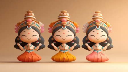 Delightful cartoon statues of joyful female figures captured in vibrant colors, showcasing happy expressions and traditional attire, perfect for festive dÃ©cor.の素材