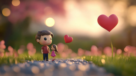 A whimsical illustration depicting a loving cartoon couple in a vibrant garden. Heart shapes and colorful flowers enhance the enchanting atmosphere of joy and togetherness.の素材