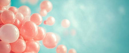 Delicate pastel bubbles float effortlessly in a soft blue background, creating a dreamy and whimsical atmosphere perfect for celebrating joy and serenity.の素材