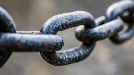 This close-up image captures the intricate details of a robust steel chain link showcasing its strength and durability. Ideal for industrial themes.の素材