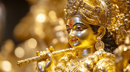 This stunning golden statue represents a Hindu deity playing the flute. Intricate details showcase the craftsmanship and cultural significance, embodying spirituality and devotion.の素材