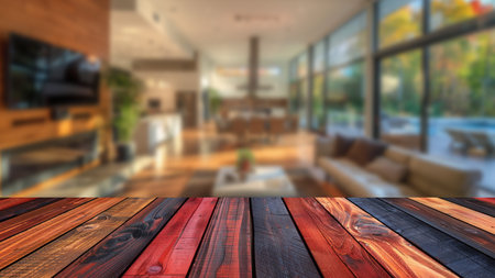 Empty wooden table top with a backdrop of a blurred Scandinavian living room, providing a stylish space for advertising products.の素材