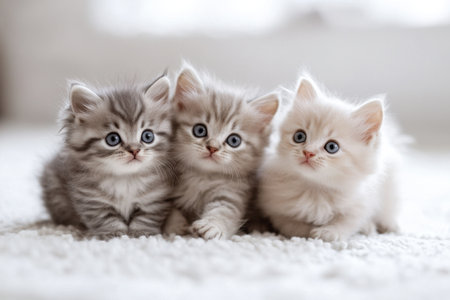 Three adorable kittens with bright blue eyes and fluffy fur sit on a soft carpet, capturing the essence of innocence and playfulness in a cozy environment.の素材