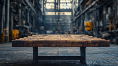 A rustic wooden table is centered in an industrial warehouse space, beautifully lit by soft sunlight filtering through large windows, creating a unique ambiance.の素材