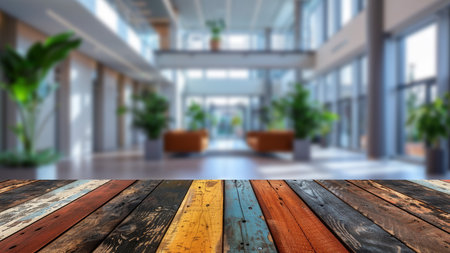 Wooden table top with a background blur of a modern contemporary office, ideal for advertising office products.の素材