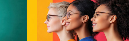 Three diverse women showcase their unique beauty and friendship, smiling confidently against a vibrant, colorful background. This image celebrates diversity and connection.の素材