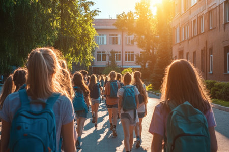 A group of students walks together on a school campus during sunset. The warm sunlight creates a vibrant atmosphere, highlighting their backpacks and cheerful expressions as they share moments ofの素材