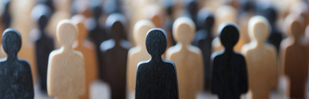 A collection of diverse wooden figures stands together, symbolizing unity and individuality within a crowd. This artistic arrangement highlights representation and togetherness.の素材