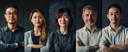 A diverse group of adults stands confidently together, showcasing unity and professionalism. Their expressions reflect collaboration and confidence in a contemporary setting.の素材