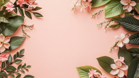 A beautiful flat lay of delicate flowers and lush green leaves on a soft pink background, perfect for spring-themed designs and organic aesthetics.の素材