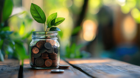 A captivating jar filled with coins and vibrant leaves symbolizing growth and prosperity. This serene indoor setting showcases natures touch on finance, promoting a sustainable future.の素材