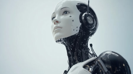 This stunning portrait features a futuristic robot with an elegant design, showcasing its expressive features and advanced technology. Ideal for themes of innovation and artificial intelligence.の素材