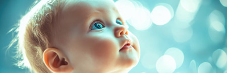A close-up portrait of a curious baby looking upwards with bright blue eyes. Soft lighting creates a dreamy atmosphere, highlighting innocence and wonder.の素材