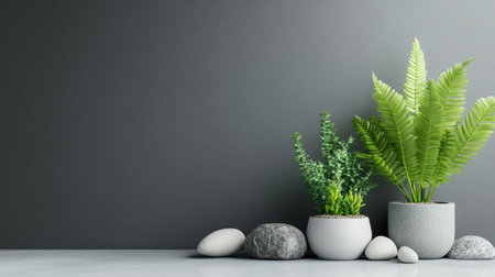 Lush indoor plants in stylish pots alongside smooth stones create a serene atmosphere. This arrangement enhances any modern space with a touch of nature.の素材