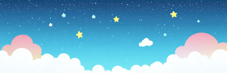 Beautiful illustration of a dreamy sky featuring colorful clouds and bright stars. This whimsical design captures a serene nighttime atmosphere for artistic use.の素材