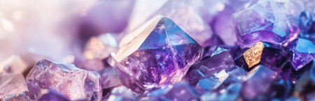 This close-up image showcases stunning amethyst crystals with vibrant purple hues and clear facets. The sparkling texture creates an elegant backdrop for any creative project.の素材
