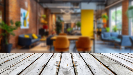 Empty wooden table in a modern office setting with a blurred background, perfect for business product presentations.の素材