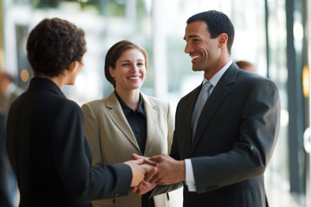 Three professionals engage in a friendly business meeting, showcasing effective communication and collaboration in a modern office setting.の素材