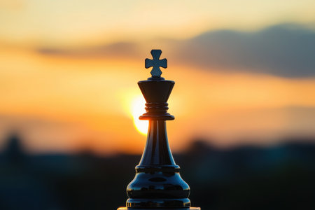 This image showcases a black chess king silhouette set against a stunning sunset, symbolizing strategy and competition in the game of chess. Perfect for creative projects.の素材