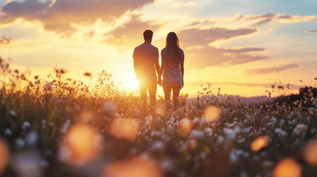 A serene scene of a couple holding hands at sunset, surrounded by a field of blooming flowers. The warm glow of the sun enhances the romance and tranquility.の素材