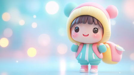 This adorable cartoon character features a smiling figure in a colorful hoodie and a stylish backpack, embodying joy and playfulness in a vibrant setting.の素材